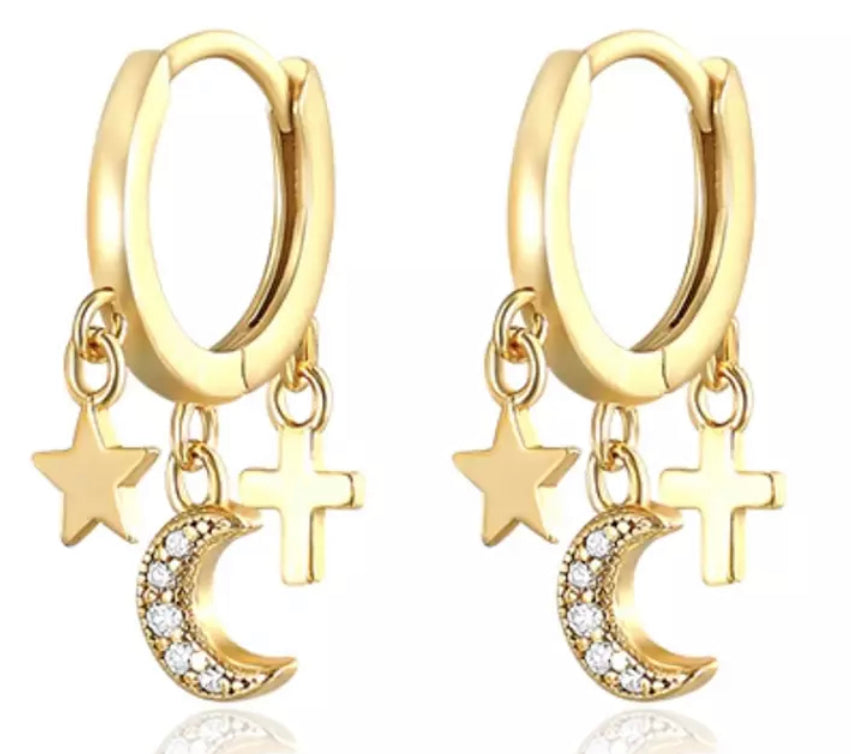 Moon, Star & Cross Huggie Earrings (Gold)