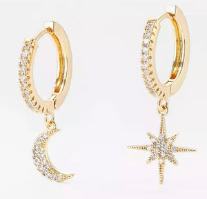 Diamond Speckled Moon & Star Huggie Earrings (Gold)